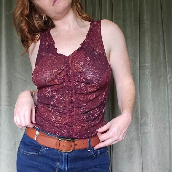 y2k Wet Seal Summery Sheer Red Paisley Cinched Slinky Sleeveless Blouse - Picture 7 of 7